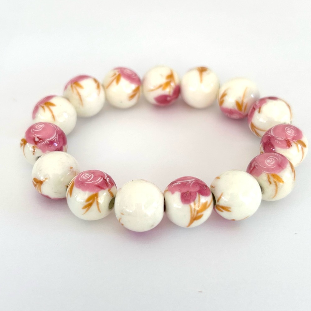 Country Pink Floral Ceramic Beaded Stretch Bracelet